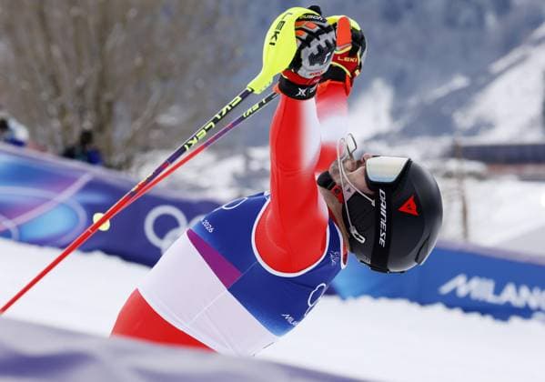 Milan Cortina Olympics: Alpine skiing Loic Meillard of Switzerland reacts after competing in the men s Alpine skiing slalom at the Milan Cortina Olympics on Feb. 16, 2026, at Stelvio Ski Centre in Bormio, Italy. He won gold.  A14AA0005293176P