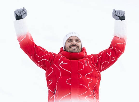 OLYMPICS - Winter Olympic Games, Olympische Spiele, Olympia, OS Milano Cortina 2026 BORMIO,ITALY,16.FEB.26 - OLYMPICS, ALPINE SKIING - Winter Olympic Games Milano Cortina 2026, slalom, men, medal ceremony. Image shows the rejoicing of Loic Meillard (SUI).  GEPAxpictures xWolfgangxGrebien