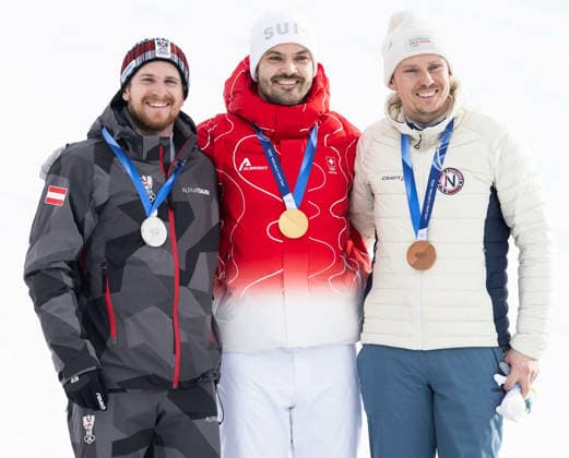 OLYMPICS - Winter Olympic Games, Olympische Spiele, Olympia, OS Milano Cortina 2026 BORMIO,ITALY,16.FEB.26 - OLYMPICS, ALPINE SKIING - Winter Olympic Games Milano Cortina 2026, slalom, men, medal ceremony. Image shows Fabio Gstrein (AUT), Loic Meillard (SUI) and Henrik Kristoffersen (NOR). Keywords: medal.  GEPAxpictures xWolfgangxGrebien