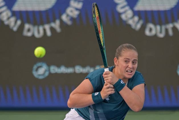 2026 Dubai Duty Free Tennis Championship DUBAI, UNITED ARAB EMIRATES - FEBRUARY 16: Jelena Ostapenko of Latvia competes against Anna Kalinskaya (not seen) in the women s singles match of the Dubai Duty Free Tennis Championship at the Dubai Duty Tennis Stadium in Dubai, United Arab Emirates, on February 16, 2026. Waleed Zein Anadolu Dubai United Arab Emirates. Editorial use only. Please get in touch for any other usage.  Copyright: x2026xAnadoluxWaleedxZeinx