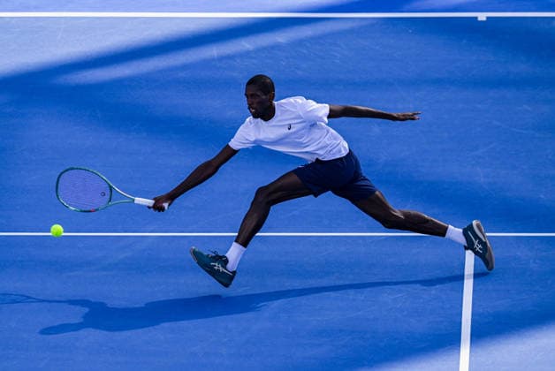 Qatar ExxonMobil Open 2026,Round of 32 - 16 Feb 2026. Mubarak Shannan Zayid of Qatar seen in action against Alexei Popyrin of Australia (not in view) in the Round of 32 at the ATP, Tennis Herren men s Qatar ExxonMobil Open 2026 at the Khalifa International Tennis Complex. Alexei Popyrin won against Mubarak Shannan Zayid 6-0,6-2. Doha Qatar Copyright: xNoushadxVariyattiyakkalx xSOPAxIx NVRITYAKAL1-008