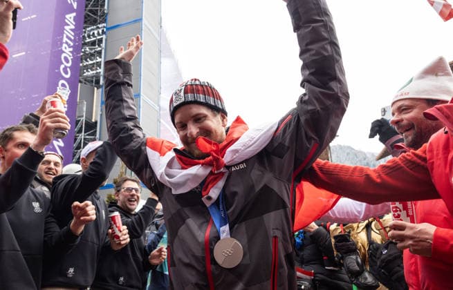 OLYMPICS - Winter Olympic Games, Olympische Spiele, Olympia, OS Milano Cortina 2026 BORMIO,ITALY,16.FEB.26 - OLYMPICS, ALPINE SKIING - Winter Olympic Games Milano Cortina 2026, slalom, men, reception for medalists. Image shows the rejoicing of Fabio Gstrein (AUT). Keywords: medal.  GEPAxpictures xHaraldxSteiner