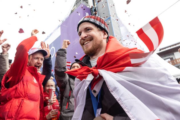 OLYMPICS - Winter Olympic Games, Olympische Spiele, Olympia, OS Milano Cortina 2026 BORMIO,ITALY,16.FEB.26 - OLYMPICS, ALPINE SKIING - Winter Olympic Games Milano Cortina 2026, slalom, men, reception for medalists. Image shows Fabio Gstrein (AUT) and Fabio Gstrein (AUT).  GEPAxpictures xHaraldxSteiner