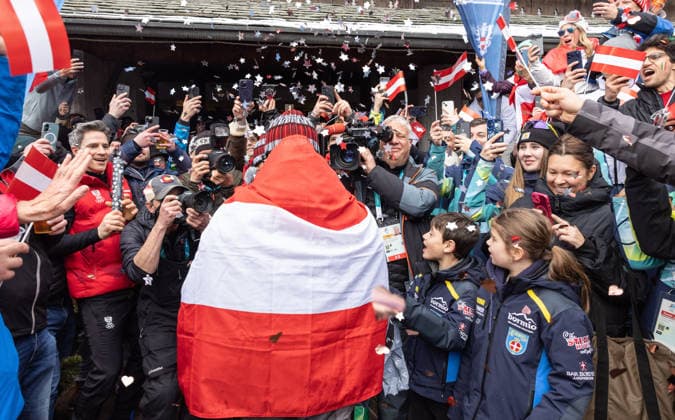 OLYMPICS - Winter Olympic Games, Olympische Spiele, Olympia, OS Milano Cortina 2026 BORMIO,ITALY,16.FEB.26 - OLYMPICS, ALPINE SKIING - Winter Olympic Games Milano Cortina 2026, slalom, men, reception for medalists. Image shows Fabio Gstrein (AUT) and Fabio Gstrein (AUT).  GEPAxpictures xHaraldxSteiner