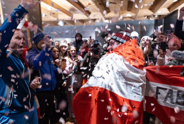 OLYMPICS - Winter Olympic Games, Olympische Spiele, Olympia, OS Milano Cortina 2026 BORMIO,ITALY,16.FEB.26 - OLYMPICS, ALPINE SKIING - Winter Olympic Games Milano Cortina 2026, slalom, men, reception for medalists. Image shows Fabio Gstrein (AUT) and fans.  GEPAxpictures xHaraldxSteiner