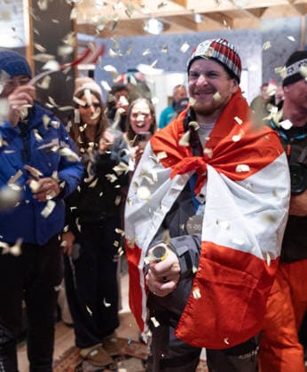 OLYMPICS - Winter Olympic Games, Olympische Spiele, Olympia, OS Milano Cortina 2026 BORMIO,ITALY,16.FEB.26 - OLYMPICS, ALPINE SKIING - Winter Olympic Games Milano Cortina 2026, slalom, men, reception for medalists. Image shows Fabio Gstrein (AUT) and fans.  GEPAxpictures xHaraldxSteiner