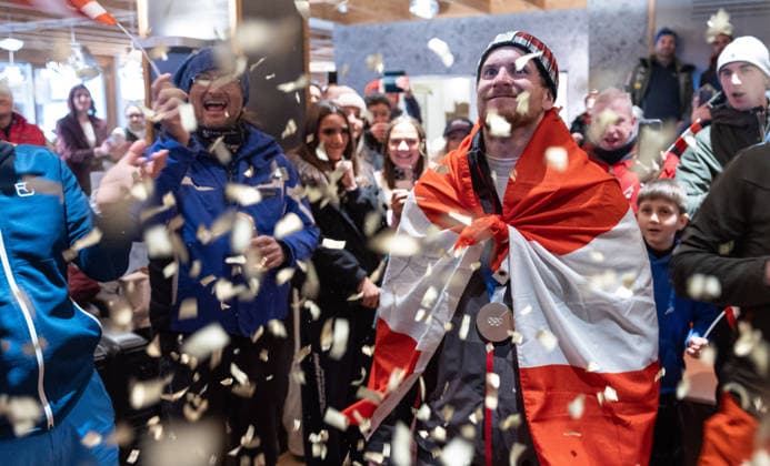 OLYMPICS - Winter Olympic Games, Olympische Spiele, Olympia, OS Milano Cortina 2026 BORMIO,ITALY,16.FEB.26 - OLYMPICS, ALPINE SKIING - Winter Olympic Games Milano Cortina 2026, slalom, men, reception for medalists. Image shows Fabio Gstrein (AUT) and fans.  GEPAxpictures xHaraldxSteiner