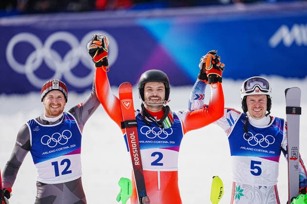 (260216) -- BORMIO, Feb. 16, 2026 -- Gold medalist Loic Meillard (C) of Switzerland, silver medalist Fabio Gstrein (L) of Austria, and bronze medalist Henrik Kristoffersen of Norway celebrate after the alpine skiing men s slalom event at the Milan-Cortina 2026 Olympic Winter games, Winterspiele,Spiele, Summer games in Bormio, Italy, Feb. 16, 2026. ) (MICO2026)ITALY-BORMIO-OLYMPIC WINTER GAMES-ALPINE SKIING-MEN S SLALOM YanxLinyun 