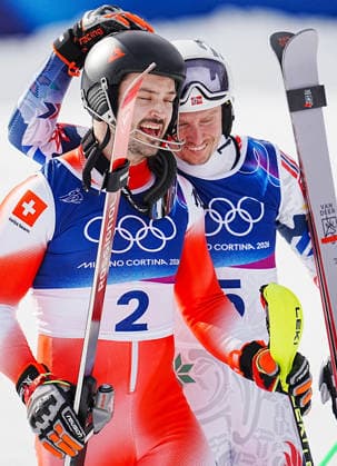 (260216) -- BORMIO, Feb. 16, 2026 -- Loic Meillard (L) of Switzerland celebrates with Henrik Kristoffersen of Norway after the alpine skiing men s slalom event at the Milan-Cortina 2026 Olympic Winter games, Winterspiele,Spiele, Summer games in Bormio, Italy, Feb. 16, 2026. ) (MICO2026)ITALY-BORMIO-OLYMPIC WINTER GAMES-ALPINE SKIING-MEN S SLALOM YanxLinyun 
