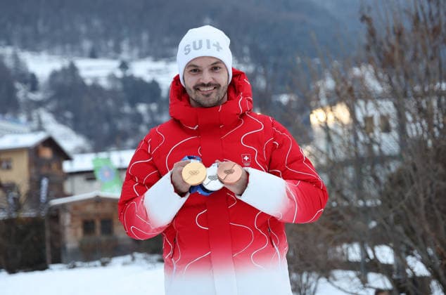 Milano Cortina 2026 - XXV Olympic Winter games, Winterspiele,Spiele, Summer games Bormio - Italy 16 February,2026 Alpine skiing - Men s Slalom Image Show: Gold Medal - Silver - Bronze MEILLARD Loic (SUI)  Copyright: xSergioxBisi IPAxSportx xipa-agency.netx xx IPA_71615688 IPA_Agency_IPA71615688