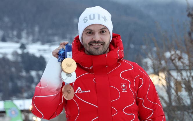 Milano Cortina 2026 - XXV Olympic Winter games, Winterspiele,Spiele, Summer games Bormio - Italy 16 February,2026 Alpine skiing - Men s Slalom Image Show: Gold Medal - Silver - Bronze MEILLARD Loic (SUI)  Copyright: xSergioxBisi IPAxSportx xipa-agency.netx xx IPA_71615692 IPA_Agency_IPA71615692