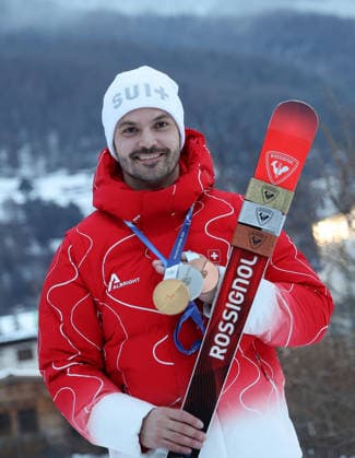 Milano Cortina 2026 - XXV Olympic Winter games, Winterspiele,Spiele, Summer games Bormio - Italy 16 February,2026 Alpine skiing - Men s Slalom Image Show: Gold Medal - Silver - Bronze MEILLARD Loic (SUI)  Copyright: xSergioxBisi IPAxSportx xipa-agency.netx xx IPA_71615715 IPA_Agency_IPA71615715