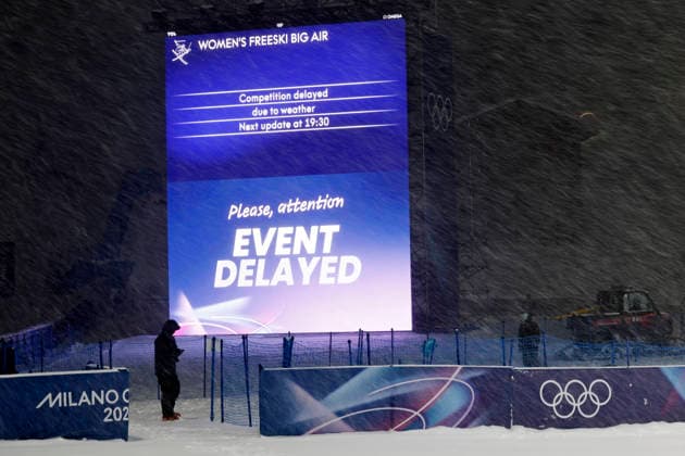 (260216) -- LIVIGNO, Feb. 16, 2026 -- The freestyle skiing women s freeski big air final is delayed due to weather conditions at the Milan-Cortina 2026 Olympic Winter games, Winterspiele,Spiele, Summer games in Livigno, Italy, Feb. 16, 2026. ) (MICO2026)ITALY-LIVIGNO-OLYMPIC WINTER GAMES-FREESTYLE SKIING-WOMEN S BIG AIR-FINAL WangxPeng 