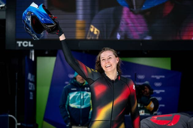NOLTE Laura (Deutschland) freut sich im Ziel ueber einen guten Lauf, ITA, Olympische Spiele Milano Cortina 2026, Olympia, Monobob Frauen, 16.02.2026 ITA, Olympische Spiele Milano Cortina 2026, Olympia, Monobob Frauen, 16.02.2026 Cortina d Ampezzo *** NOLTE Laura Germany is happy about a good run at the finish, ITA, Olympic Games Milano Cortina 2026, Olympia, Monobob Women, 16 02 2026 ITA, Olympic Games Milano Cortina 2026, Olympia, Monobob Women, 16 02 2026 Cortina d Ampezzo Copyright: xEibner-Pressefoto Memmlerx EP_MMR