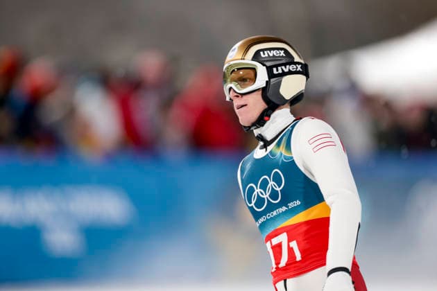 OLYMPICS - Winter Olympic Games, Olympische Spiele, Olympia, OS Milano Cortina 2026 PREDAZZO,ITALY,16.FEB.26 - OLYMPICS, Ski jumping, Skispringen, Ski, nordisch - Winter Olympic Games Milano Cortina 2026, large hill, Super Team, men. Image shows Jan Hoerl (AUT).  GEPAxpictures xMatthiasxTrinkl