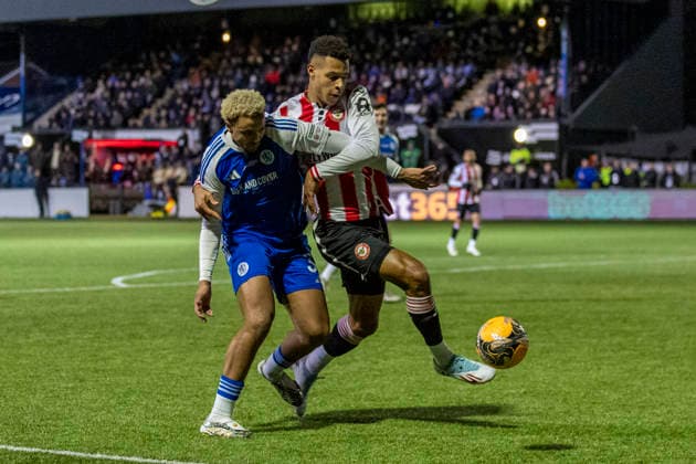 16th February 2026; Leasing Com Stadium, Macclesfield, Cheshire, England; FA Cup Football, Macclesfield versus Brentford; Cameron Borthwick-Jackson of Macclesfield under pressure from Antoni Milambo of Brentford  TimxWilliams Content restricted for UK based newspaper