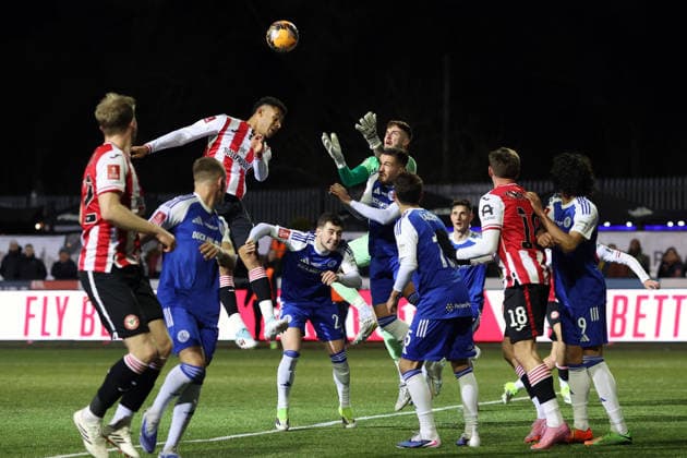 Macclesfield v Brentford 16 February 2026, Macclesfield - Emirates FA Cup, Fourth Round - Macclesfield v Brentford - Macclesfield goalkeeper Max Dearnley jumps to collect the ball - Photo: Charlotte Wilson Offside. Macclesfield UK Copyright: xCharlottexWilsonx xOffsidexOffside