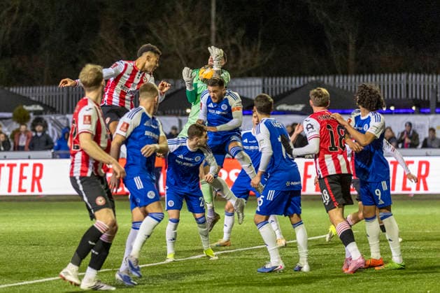 16th February 2026; Leasing Com Stadium, Macclesfield, Cheshire, England; FA Cup Football, Macclesfield versus Brentford; Goalkeeper Max Dearnley of Macclesfield makes a save  TimxWilliams Content restricted for UK based newspaper