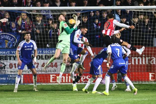 Max Dearnley of Macclesfield fumbles a catch Macclesfield v Brentford, Emirates FA Cup, Fourth Round, Football, Leasing.com Stadium, Macclesfield, UK - 16 Feb 2026Macclesfield Leasing.com Stadium United Kingdom EDITORIAL USE ONLY No use with unauthorised audio, video, data, fixture lists, club league logos or live services. Online in-match use limited to 120 images, no video emulation. No use in betting, games or single club league player publications. Copyright: xPhilxOldham Shutterstockx 16660198au