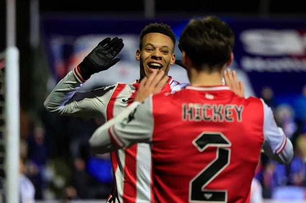 Macclesfield FC v Brentford, FA Cup Kaye Furo (47) of Brentford celebrates an own goal by Sam Heathcote (12) of Macclesfield FC to make it 0-1 during the FA Cup match between Macclesfield FC and Brentford at Leasing.com Stadium, Macclesfield, UK on 16 February 2026. Macclesfield Leasing.com Stadium UK Editorial use only DataCo restrictions apply See www.football-dataco.com , Copyright: xConorxMolloyx PSI-23758-0030