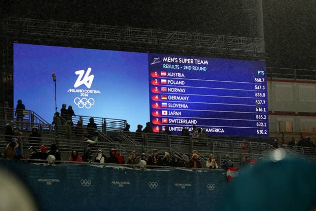 Olympische Winterspiele, Olympia, Skispringen, Herren, Super Team, Großschanze, Val di Fiemme, Predazzo, Olympiaschanze Endergebnis nach abgebrochenen Durchgang, Deutschland fehlen nur 0,3 Punkte auf Bronze *** Olympic Winter Games, Olympics, ski jumping, men, super team, large hill, Val di Fiemme, Predazzo, Olympic hill final result after aborted round, Germany only 0.3 points short of bronze