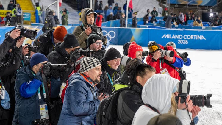 OLYMPICS - Winter Olympic Games, Olympische Spiele, Olympia, OS Milano Cortina 2026 PREDAZZO,ITALY,16.FEB.26 - OLYMPICS, Ski jumping, Skispringen, Ski, nordisch - Winter Olympic Games Milano Cortina 2026, large hill, Super Team, men, medal ceremony. Image shows photographers at the ceremony.  GEPAxpictures xOliverxLerch