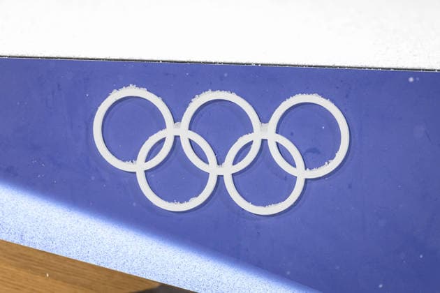 OLYMPICS - Winter Olympic Games, Olympische Spiele, Olympia, OS Milano Cortina 2026 PREDAZZO,ITALY,16.FEB.26 - OLYMPICS, Ski jumping, Skispringen, Ski, nordisch - Winter Olympic Games Milano Cortina 2026, large hill, Super Team, men, medal ceremony. Image shows the olympic rings.  GEPAxpictures xMatthiasxTrinkl