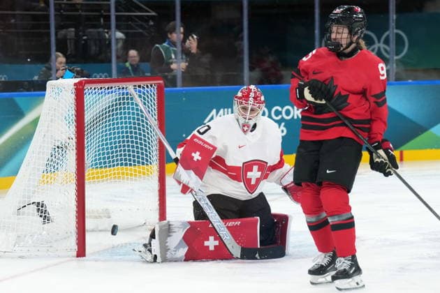 February 16, 2026, Milan, ITALY: Canada s Daryl Watts (95) looks on as a goal goes in on Switzerland s Andrea Braendli (20) during first period women s Olympic semifinal hockey action at the 2026 Milan Cortina Winter Olympics in Milan, Monday, Feb. 16, 2026. Canada News - February 16, 2026  - ZUMAc35_ 20260216_zaf_c35_160 Copyright: xNathanxDenettex