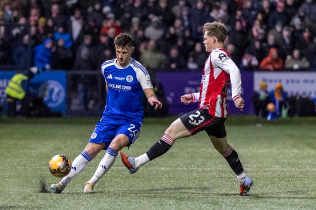 16th February 2026; Leasing Com Stadium, Macclesfield, Cheshire, England; FA Cup Football, Macclesfield versus Brentford; Elliott Osborne of Macclesfield under pressure from Keane Lewis-Potter of Brentford  TimxWilliams Content restricted for UK based newspaper