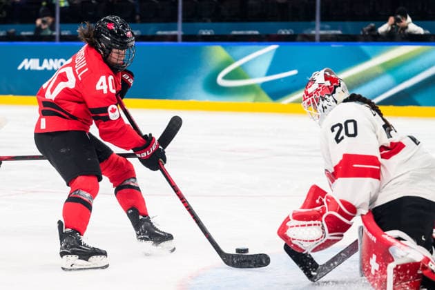260216 Blayre Turnbull of Canada against goaltender Andrea Braendli of Switzerland in the women s Ice hockey, Eishockey semifinal between Canada and Switzerland during day 10 of the 2026 Winter Olympics on February 16, 2026 in Milan. Photo: Emma Wallskog BILDBYRAN kod EW EW0639 ishockey ice hockey Olympic Games, Olympische Spiele, Olympia, OS olympics winter olympics os ol olympiska spel vinter-os olympiske leker milano cortina 2026 milan cortina 2026 milano cortina 2026 olympic games milano cortina 2026 winter olympic games milano cortina-os milano cortina-ol vinter-ol 10 bbeng kanada canada schweiz switzerland dam semifinal *** 260216 Blayre Turnbull of Canada against goaltender Andrea Braendli of Switzerland in the women s ice hockey semifinal between Canada and Switzerland during day 10 of the 2026 Winter Olympics on February 16, 2026 in Milan Photo Emma Wallskog BILDBYRAN kod EW EW0639 ishockey ice hockey olympic games olympics winter olympics os ol olympiska spel vinter os olympiske leker milano cortina 2026 milan cortina 2026 milano cortina 2026 olympic games milano cortina 2026 winter olympic games milano cortina os milano cortina ol vinter ol 10 bbeng kanada canada schweiz switzerland dam semifinal  Copyright: EMMAxWALLSKOG BB260216EW112
