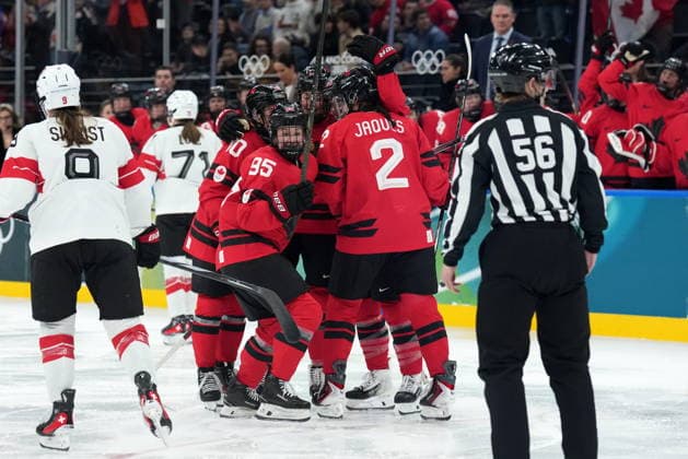 February 16, 2026, Milan, ITALY: Canada s Marie-Philip Poulin (29) celebrates her goal with teammates during second period women s Olympic semifinal hockey action against Switzerland, at the 2026 Milan Cortina Winter Olympics in Milan, Monday, Feb. 16, 2026. Canada News - February 16, 2026  - ZUMAc35_ 20260216_zaf_c35_185 Copyright: xNathanxDenettex