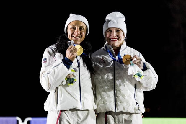 CORTINA, ITALY - FEBRUARY 16: Gold medalist Elana Meyers Taylor (USA) and Bronze medalist Kaillie Armbruster Humphries (USA) during the Bobsleigh Women s Monobob medal ceremony at the Milano Cortina 2026 Olympics at Cortina Sliding Centre on day 10 of the Milano Cortina 2026 Olympics on February 16, 2026 in Cortina, Italy. Editorial use only. Italy Copyright: xSteffiexWunderlx