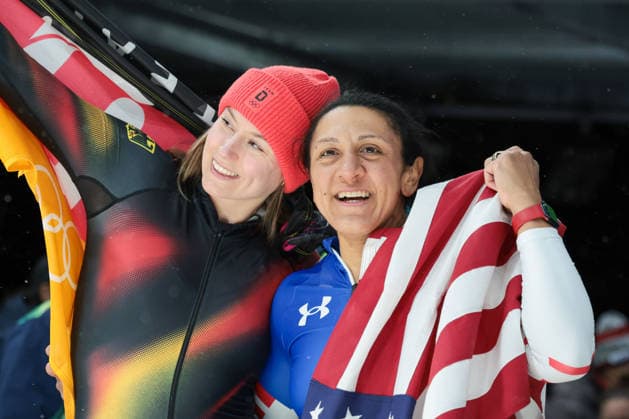(L to R) Laura Nolte from Germany, silver medal and Eloana Taylor Meyers from United States, gold medal during the Olympic Winter games, Winterspiele,Spiele, Summer games Milano-Cortina 2026, Bobsleigh Women s Monobob, Gold Medal race on February 16, 2026 at Cortina Sliding Center in Cortina d Ampezzo, Italy.  Copyright: xLucianoxMariaxBisi IPAxSportx xipa-agency.netx xx IPA_71623856 IPA_Agency_IPA71623856