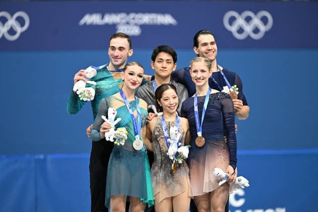 Winter Olympics - Podium of Pair Skating Free Figure skating, Eiskunstlauf Silver medallists (L) Anastasiia Metelkina and Luka Berulava of Team Georgia, Gold Medallists (C) Riku Miura and Ryuichi Kihara of Team Japan and Bronze Medallists (R) Minerva Fabienne Hase and Nikita Volodin of Team Germany pose during the medal ceremony of the figure skating pair skating free skating final during the Milano Cortina 2026 Winter Olympic Games, Olympische Spiele, Olympia, OS at Milano Ice Skating Arena in Milan, Italy on February 16, 2026. Photo by JMP ABACAPRESS.COM Milan Italy  Copyright: xJMP ABACAx