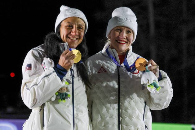 (L to R) Eloana Taylor Meyers from United States, gold medal and Kaillie Armbruster Humphries from United State, bronze medal, during the Olympic Winter games, Winterspiele,Spiele, Summer games Milano-Cortina 2026, Bobsleigh Women s Monobob, Gold Medal race on February 16, 2026 at Cortina Sliding Center in Cortina d Ampezzo, Italy.  Copyright: xLucianoxMariaxBisi IPAxSportx xipa-agency.netx xx IPA_71623785 IPA_Agency_IPA71623785