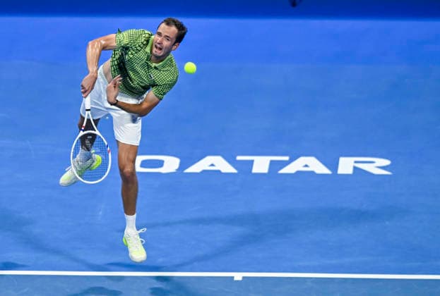 ATP, Tennis Herren QATAR OPEN 2026-ROUND OF 32 Daniil Medvedev of Russia competes against Juncheng Shang of China in the Round of 32 at the ATP menÕs Qatar ExxonMobil Open 2026 tennis tournament at the Khalifa International Tennis Complex in Doha, Qatar, on February 16, 2026. DOHA Qatar Copyright: xNOUSHADx
