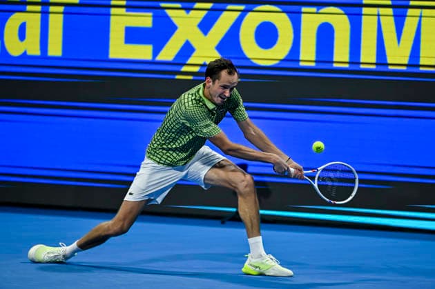 ATP, Tennis Herren QATAR OPEN 2026-ROUND OF 32 Daniil Medvedev of Russia competes against Juncheng Shang of China in the Round of 32 at the ATP menÕs Qatar ExxonMobil Open 2026 tennis tournament at the Khalifa International Tennis Complex in Doha, Qatar, on February 16, 2026. DOHA Qatar Copyright: xNOUSHADx