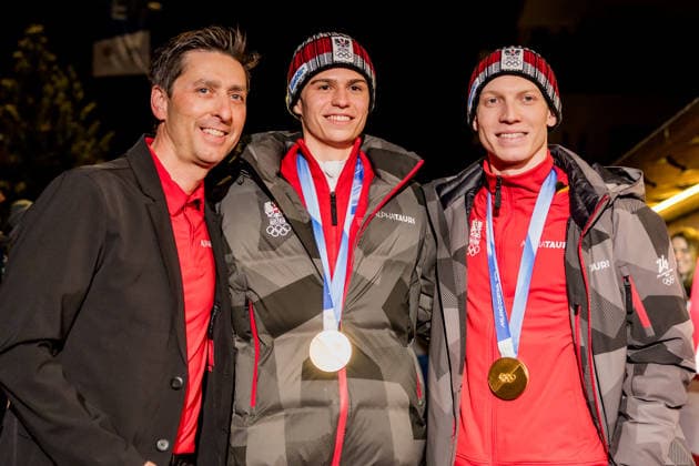 OLYMPICS - Winter Olympic Games, Olympische Spiele, Olympia, OS Milano Cortina 2026 PREDAZZO,ITALY,16.FEB.26 - OLYMPICS, Ski jumping, Skispringen, Ski, nordisch - Winter Olympic Games Milano Cortina 2026, large hill, Super Team, men, reception for medalists. Image shows  GEPAxpictures xMatthiasxTrinkl