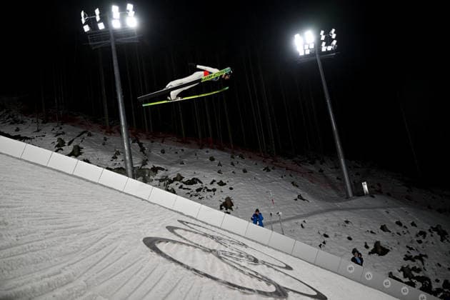 Predazzo, Italy, February 16th 2026. Kevin Bickner of United States of America in action during the Ski jumping, Skispringen, Ski, nordisch Men s Super Team Large Hill competition of the Olympic Winter games, Winterspiele,Spiele, Summer games 2026 in Predazzo, Italy. (Photo by Igor Kupljenik Sports Press Photo)  Copyright: xIgorxKupljenikx xSPPx Sportspressphoto_SPR93740