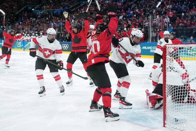 February 16, 2026, Milan, ITALY: Canada s Marie-Philip Poulin (29) and teammates celebrate her goal against Switzerland s Andrea Braendli (20) during second period women s Olympic semifinal hockey action at the 2026 Milan Cortina Winter Olympics in Milan, Monday, Feb. 16, 2026. Canada News - February 16, 2026  - ZUMAc35_ 20260216_zaf_c35_303 Copyright: xNathanxDenettex