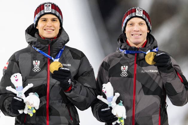(260217) -- PREDAZZO, Feb. 17, 2026 -- Gold medalist Team Austria pose on the podium after the Ski jumping, Skispringen, Ski, nordisch men s super team event at the Milan-Cortina 2026 Olympic Winter games, Winterspiele,Spiele, Summer games in Predazzo, Italy, Feb. 16, 2026. ) (MICO2026)ITALY-PREDAZZO-OLYMPIC WINTER GAMES-SKI JUMPING-MEN S SUPER TEAM HuangxWei 