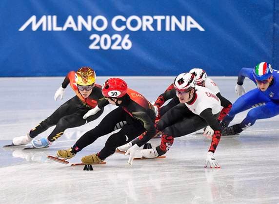 MILAN, ITALY - FEBRUARY 16: Zhang Bohao (L) of Team China competes during the Short Track Men s 5000m Relay on day ten of the Milano Cortina 2026 Winter Olympic Games, Olympische Spiele, Olympia, OS at Milano Ice Skating Arena on February 16, 2026 in Milan, Italy.  Copyright: xCHINASPORTSx 111621829933