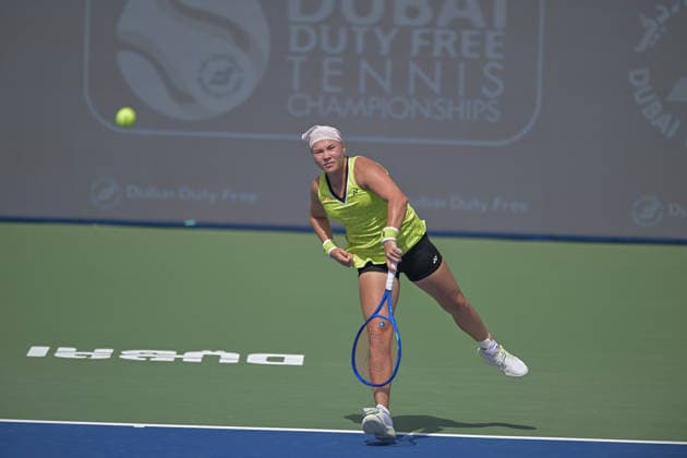 2026 Dubai Duty Free Tennis Championship DUBAI, UNITED ARAB EMIRATES - FEBRUARY 17: Diana Shnaider in action against Iva Jovic (not seen) of United States during the women s singles match on Day Three of the Dubai Duty Free Tennis Championships at Dubai Duty Free Tennis Stadium on February 17, 2026 in Dubai, United Arab Emirates. Waleed Zein Anadolu Dubai United Arab Emirates. Editorial use only. Please get in touch for any other usage.  Copyright: x2026xAnadoluxWaleedxZeinx