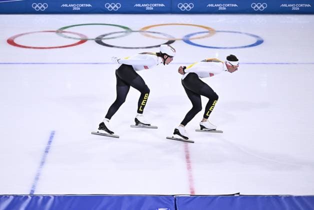 Belgian speed skaters Indra Medard and Bart Swings pictured during a training session at the Milano Cortina 2026 Olympic Winter games, Winterspiele,Spiele, Summer games on Tuesday 17 February 2026 in Milan, Italy. The XXV Winter Olympics take place from 6 to 22 February 2026 in Italy. JASPERxJACOBS  x163926834x