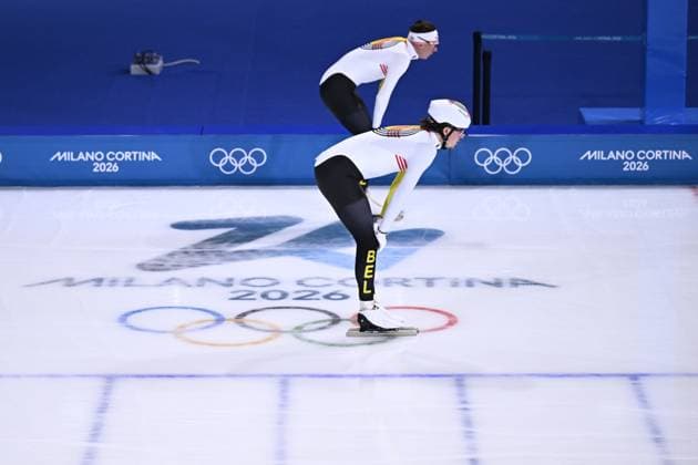 Belgian speed skaters Indra Medard and Bart Swings pictured during a training session at the Milano Cortina 2026 Olympic Winter games, Winterspiele,Spiele, Summer games on Tuesday 17 February 2026 in Milan, Italy. The XXV Winter Olympics take place from 6 to 22 February 2026 in Italy. JASPERxJACOBS  x163926843x