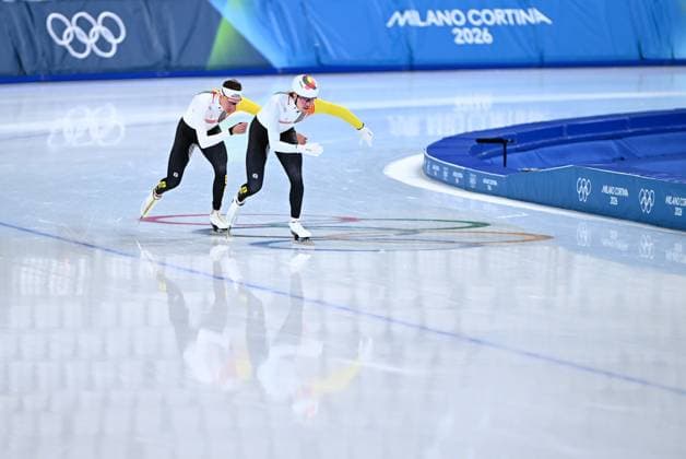 Belgian speed skaters Bart Swings and Indra Medard pictured during a training session at the Milano Cortina 2026 Olympic Winter games, Winterspiele,Spiele, Summer games on Tuesday 17 February 2026 in Milan, Italy. The XXV Winter Olympics take place from 6 to 22 February 2026 in Italy. JASPERxJACOBS  x163927809x