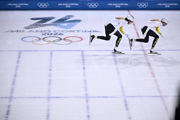 Belgian speed skaters Indra Medard and Bart Swings pictured during a training session at the Milano Cortina 2026 Olympic Winter games, Winterspiele,Spiele, Summer games on Tuesday 17 February 2026 in Milan, Italy. The XXV Winter Olympics take place from 6 to 22 February 2026 in Italy. JASPERxJACOBS  x163928591x