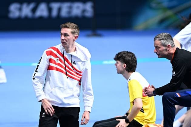 Belgian speed skaters Bart Swings and Indra Medard pictured at a training session at the Milano Cortina 2026 Olympic Winter games, Winterspiele,Spiele, Summer games on Tuesday 17 February 2026 in Milan, Italy. The XXV Winter Olympics take place from 6 to 22 February 2026 in Italy. JASPERxJACOBS  x163928641x