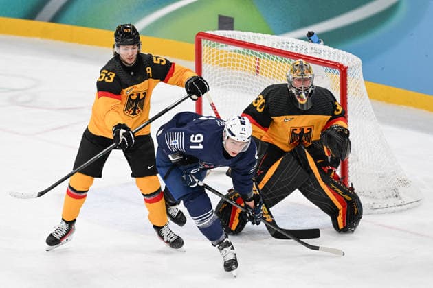 Winter Olympics - Ice hockey, Eishockey - Men - France v Germany Moritz Seider (53) of Team Germany, Floran Douay (91) of Team France, Philipp Grubauer (30) of Team Germany during the men s qualification play-off ice hockey match between Germany and France at the Milano Santagiulia Ice Hockey Arena during the Milano Cortina 2026 Winter Olympic Games, Olympische Spiele, Olympia, OS in Milan, on February 17, 2026. Photo by JMP ABACAPRESS.COM Milan Italy  Copyright: xJMP ABACAx