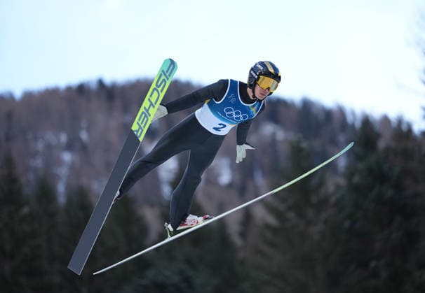 (260217) -- PREDAZZO, Feb. 17, 2026 -- Zhao Zihe of China competes during the Ski jumping, Skispringen, Ski, nordisch competition round of the Nordic Combined Individual Gundersen Large Hill 10km at the 2026 Milan-Cortina Winter Olympics in Predazzo, Italy, Feb. 17, 2026. ) (MICO2026)ITALY-PREDAZZO-OLYMPIC Winter games, Winterspiele,Spiele, Summer games NORDIC COMBINED-INDIVIDUAL GUNDERSEN LARGE HILL 10KM MengxYongmin 